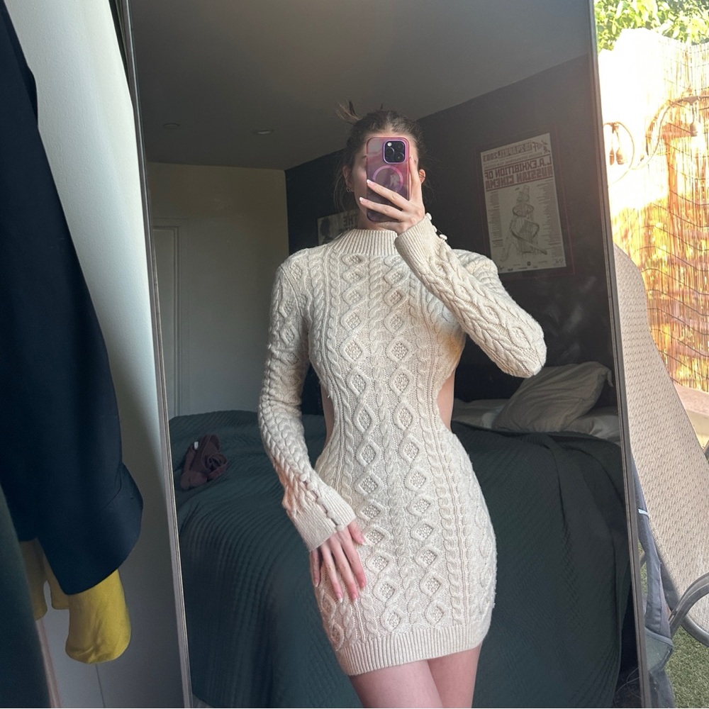 Cream Cable Knit Turtleneck Dress